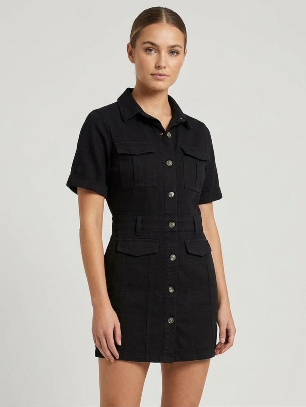 FORE Black Short-Sleeve Utility Mini Denim Pocketed Dress
